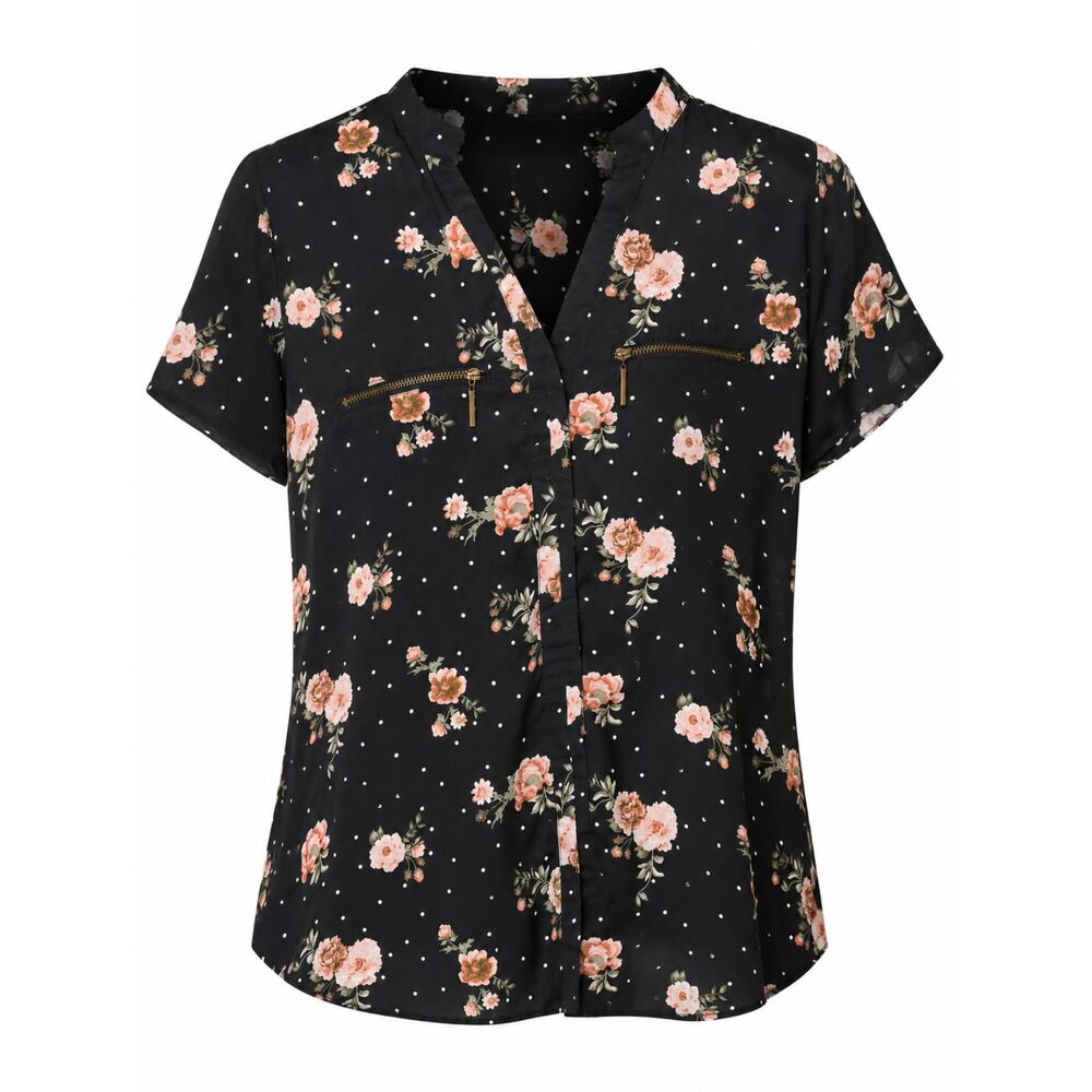Rue21 Floral Polka Dot Blouse Women’s Medium Black Sheer Zip Pocket Top - Picture 4 of 4